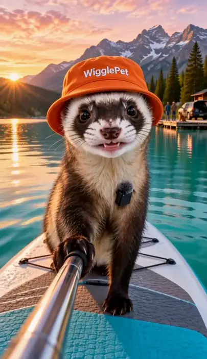 A ferret in an orange WigglePet hat filming a selfie on a paddleboard