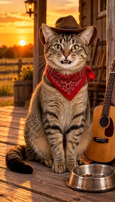 A tabby cat in a cowboy hat and red bandana singing on a porch at sunset