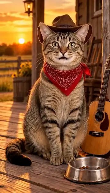 A tabby cat in a cowboy hat singing on a porch at sunset