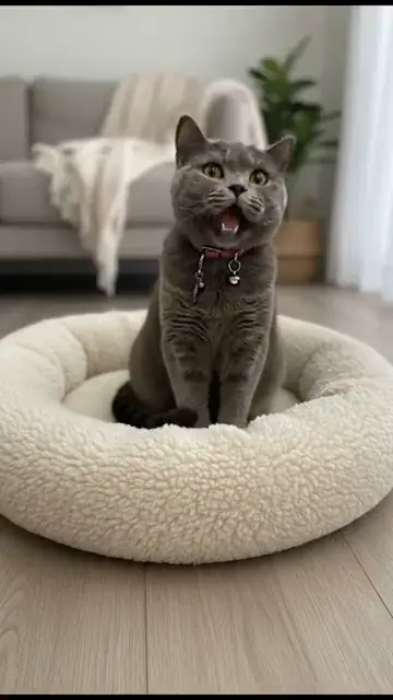 A grey cat singing on a cosy pet bed