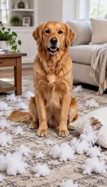 A golden retriever talking on a living room rug next to a shredded pillow