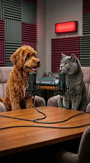 A dog and a cat talking to each other on a podcast set