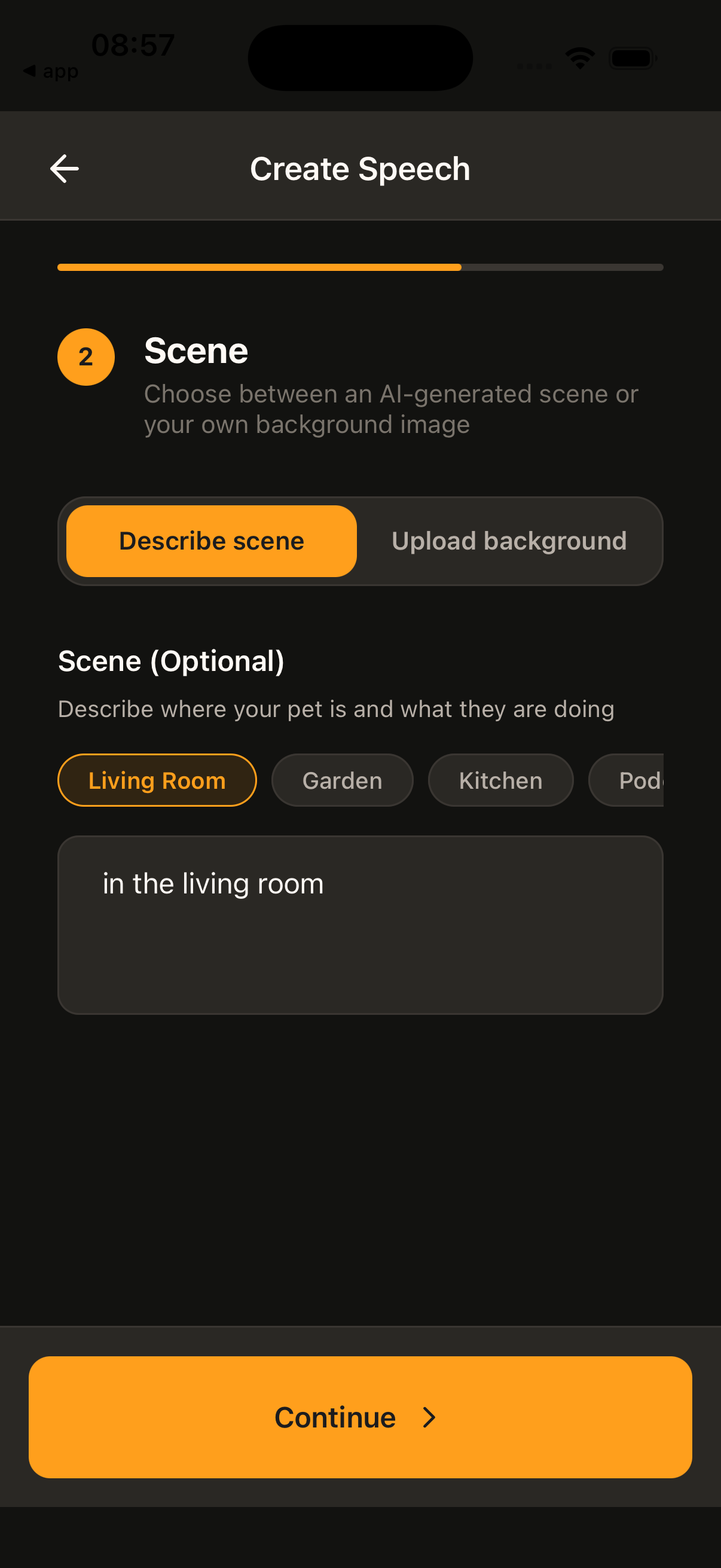 Scene step for pet speech with background options